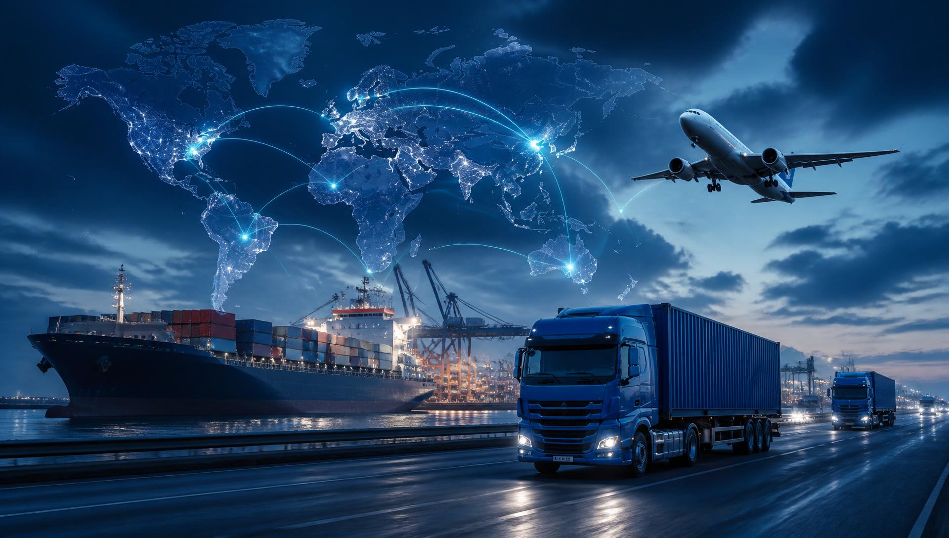 Worldwide logistics network with trucks, cargo ship, aircraft and digital map connections