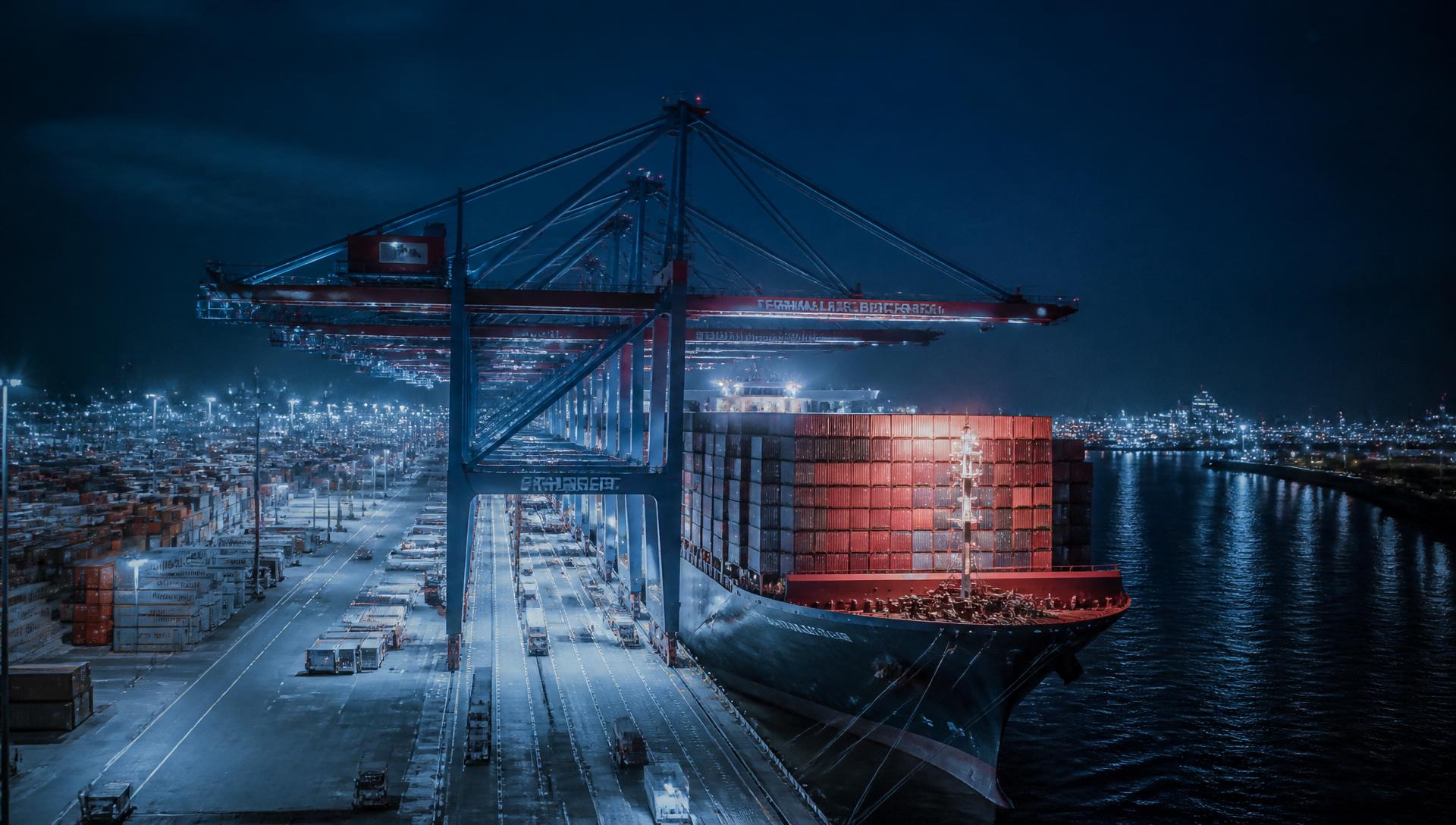 Container ship being loaded by gantry cranes at a worldwide shipping port